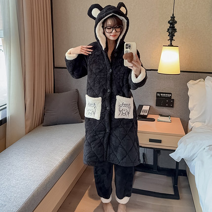 xs码睡衣冬季女加绒加厚小个子150珊瑚绒三层夹棉连帽长袖家居服