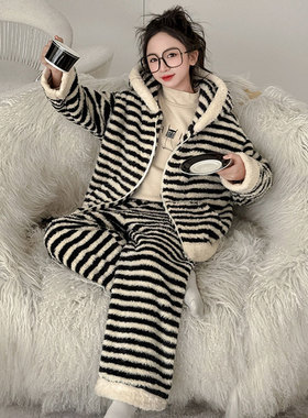 150小个子冬季睡衣女珊瑚绒开衫连帽条纹家居服套装秋冬加绒145cm
