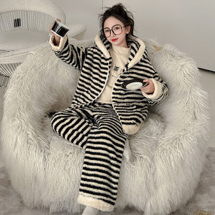 秋冬加绒145cm 连帽条纹家居服套装 150小个子冬季 睡衣女珊瑚绒开衫