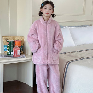 一米四五小个子睡衣女秋冬珊瑚绒立领长袖小码冬季家居服xs套装