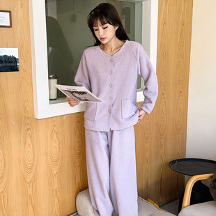 145cm 加绒套装 150小个子珊瑚绒睡衣女秋冬简约V领开衫 家居服冬季