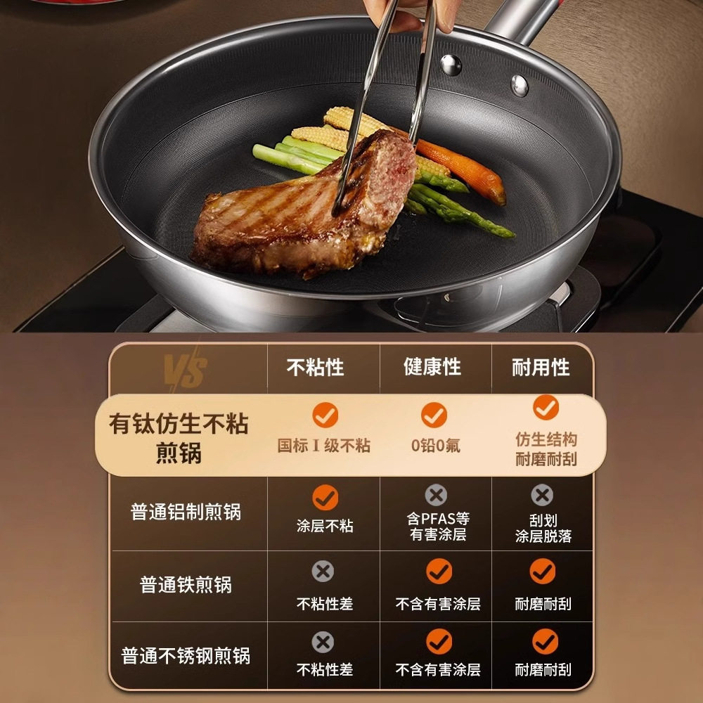 康巴赫平底锅不粘锅煎锅不锈钢家用牛排煎锅无涂层煎炒锅燃气通用