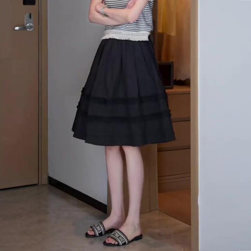 张元一同款女装夏季法式经典款高腰蓬蓬中长裙花边设计减龄半身裙