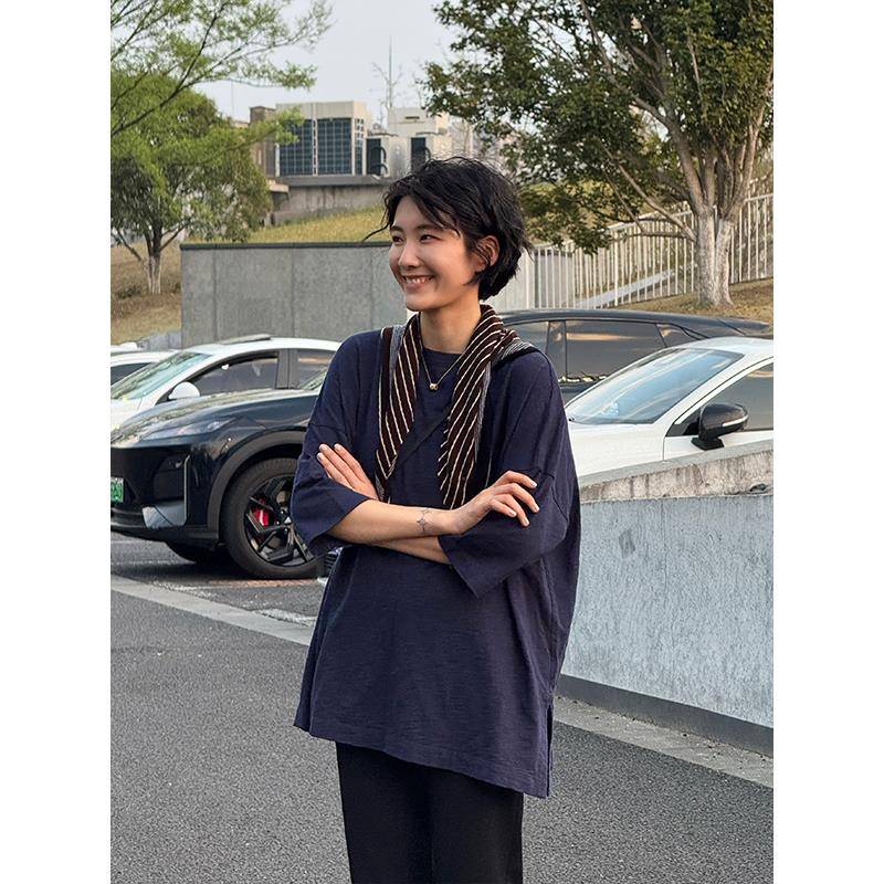 浪清 大版纯棉t恤女2025新款显瘦遮肉蓝色短袖宽松中袖上衣七分袖
