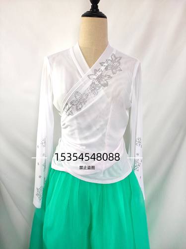 朝鲜族舞蹈练功服亮钻弹力网纱灯笼袖小上衣后背系带民族舞演出服