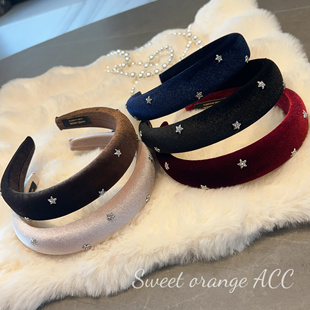 韩国闪钻星星高颅顶发箍复古高级感丝绒海绵发箍气质红色头箍发饰