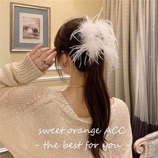 韩国订单羽毛抓夹高品质超仙纯欲白色黑色鸵鸟毛抓夹盘发鲨鱼基础