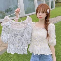 Real price new summer small fresh square neck floral bubble sleeve short top slim short sleeve shirt