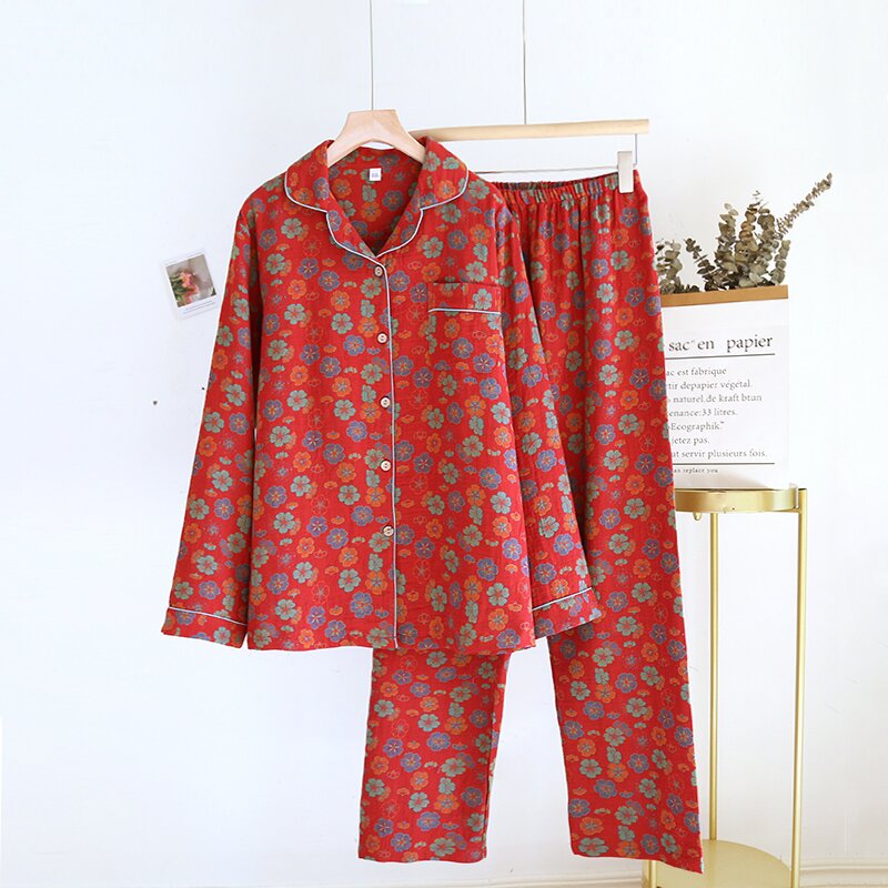 红色睡衣女本命年春秋套装 中老年纯棉纱布大码色织提花家居服