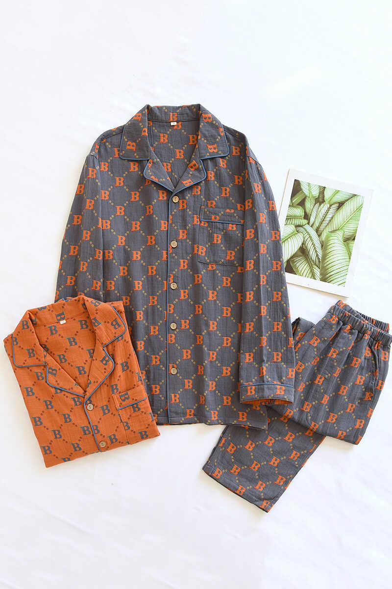 字母提花春秋长袖复古纱布家居服