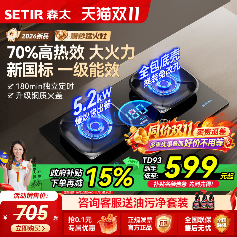 森太TD93燃气灶煤气灶双灶家用嵌入式台式天然气液化气猛火定时灶