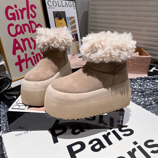女鞋 真皮羊羔毛毛鞋 翻领两穿厚底松糕超高跟小个子雪地棉靴勃肯鞋