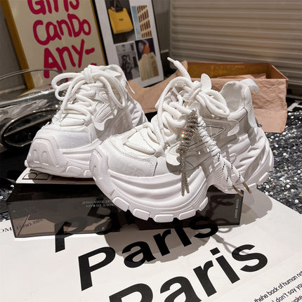 2025新款真皮水钻厚底松糕超高跟小个子7cm小白鞋老爹鞋运动鞋女