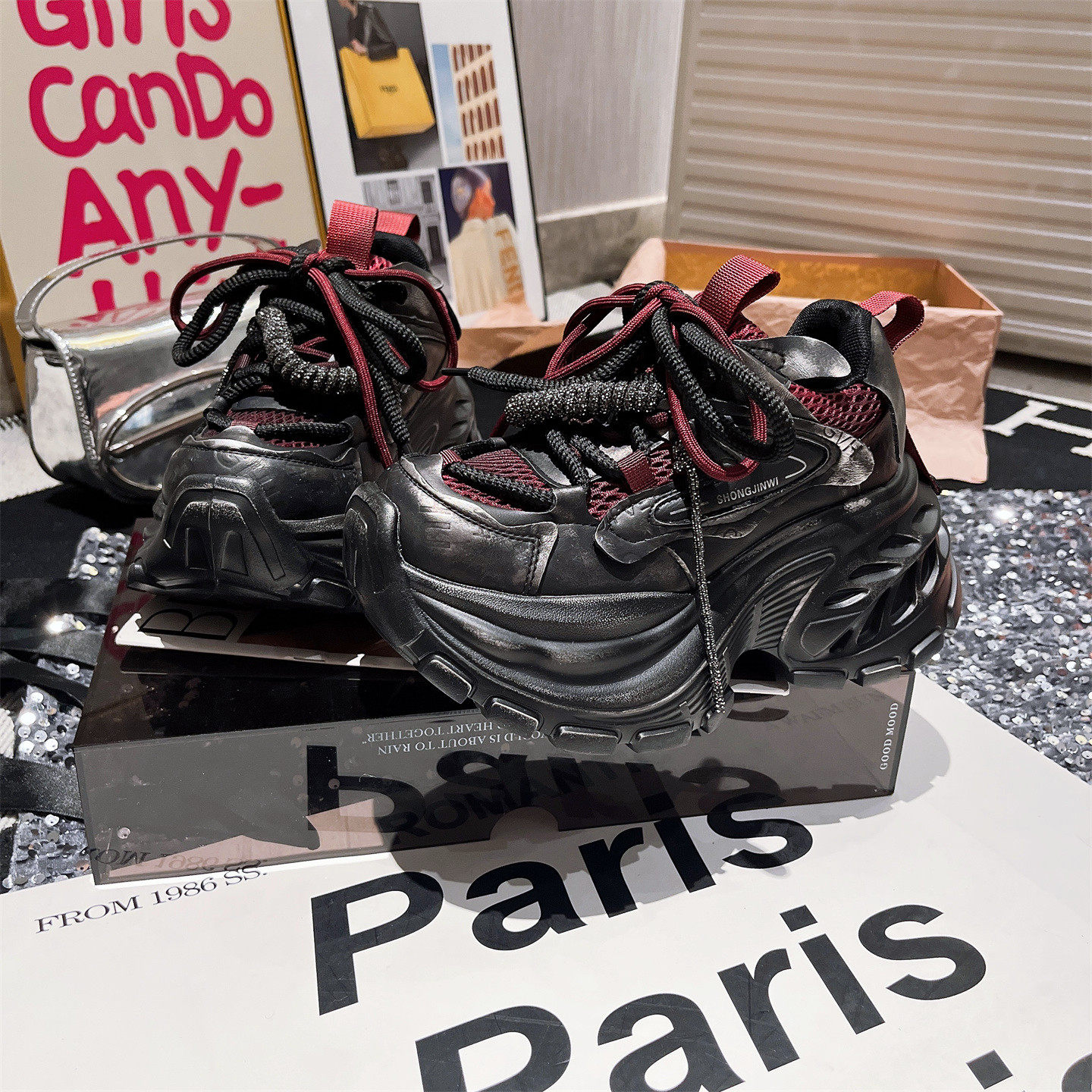 真皮版~欧货水钻绑带做旧擦色厚底松糕小个子老爹鞋运动鞋8cm女鞋