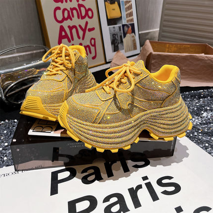 7cm~欧货新款水钻满钻系带厚底松糕小个子老爹鞋运动鞋满天星女鞋