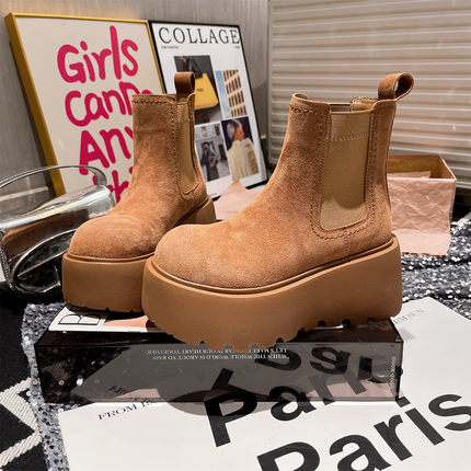 欧货真皮芒果头大头真皮厚底松糕雪地棉靴加绒短靴小个子7cm女鞋