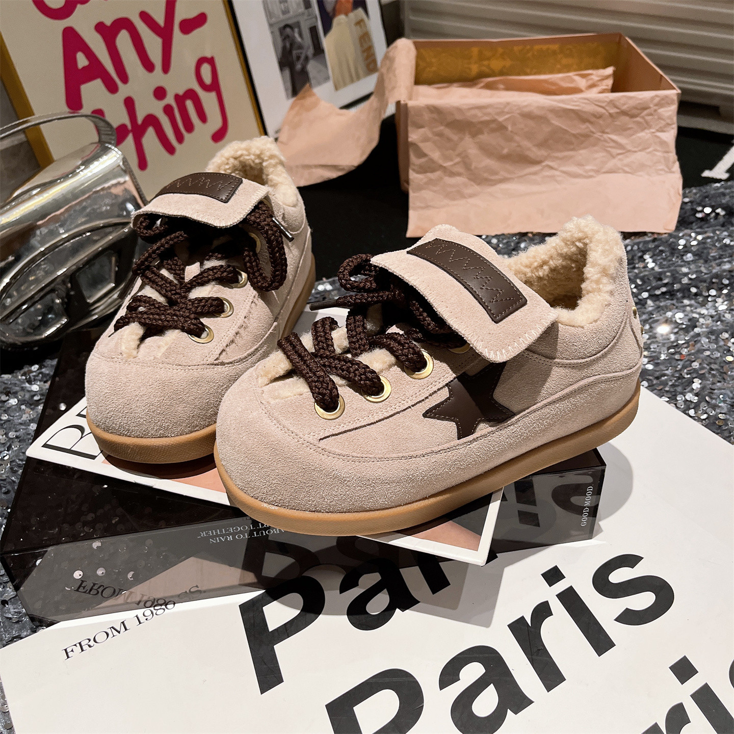 毛毛鞋加绒休闲板鞋棉鞋星星女鞋