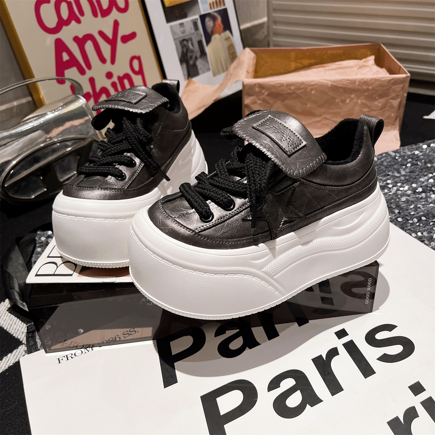 翻领小白鞋厚底松糕6cm面包鞋女