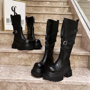 马丁靴女真皮大头前拉链翻领两穿厚底松糕小个子机车骑士瘦瘦长靴