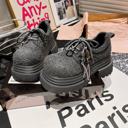 欧货系带水钻毛呢毛毛鞋JK小皮鞋乐福鞋小个子7cm加绒棉瓢鞋女鞋