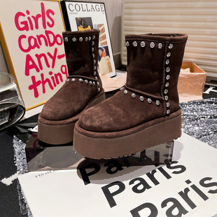铆钉真皮水钻羊毛毛鞋 翻领两穿小个子8cm雪地棉靴厚底勃肯靴女鞋