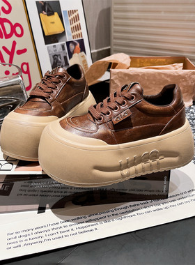 2025新款真皮厚底松糕小个子6cm增高休闲鞋大头面包鞋超高跟女鞋