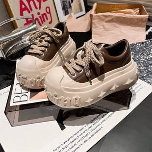 女鞋 2025新款 休闲鞋 溶解鞋 真皮大头系带厚底松糕小个子6cm面包鞋