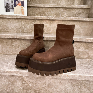 欧货大头弹力靴厚底松糕瘦瘦靴马丁靴短筒靴小个子8cm可可棕女鞋