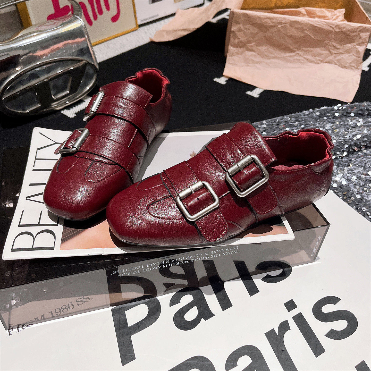 软皮版~欧货新款金属扣软底平底布洛克豆豆鞋单鞋酒红一脚蹬女鞋,女鞋,浅口单鞋,淘宝优惠券,粉丝福利购,淘宝优惠卷