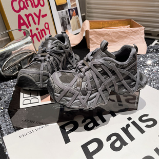 潮 小个子增高加绒女鞋 欧货真皮绑带蜘蛛侠厚底老爹鞋 女炸街运动鞋