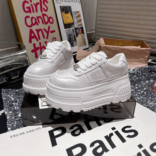 休闲鞋 真皮系带厚底松糕珠光小白鞋 板鞋 超高跟面包鞋 7cm 女鞋 韩版