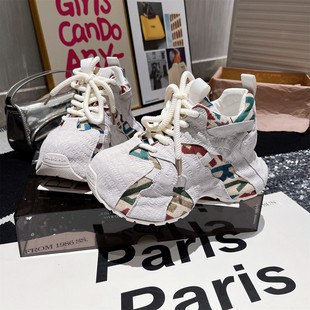 女 运动鞋 真皮版 欧货字母印花系带厚底松糕超高跟小个子7cm老爹鞋