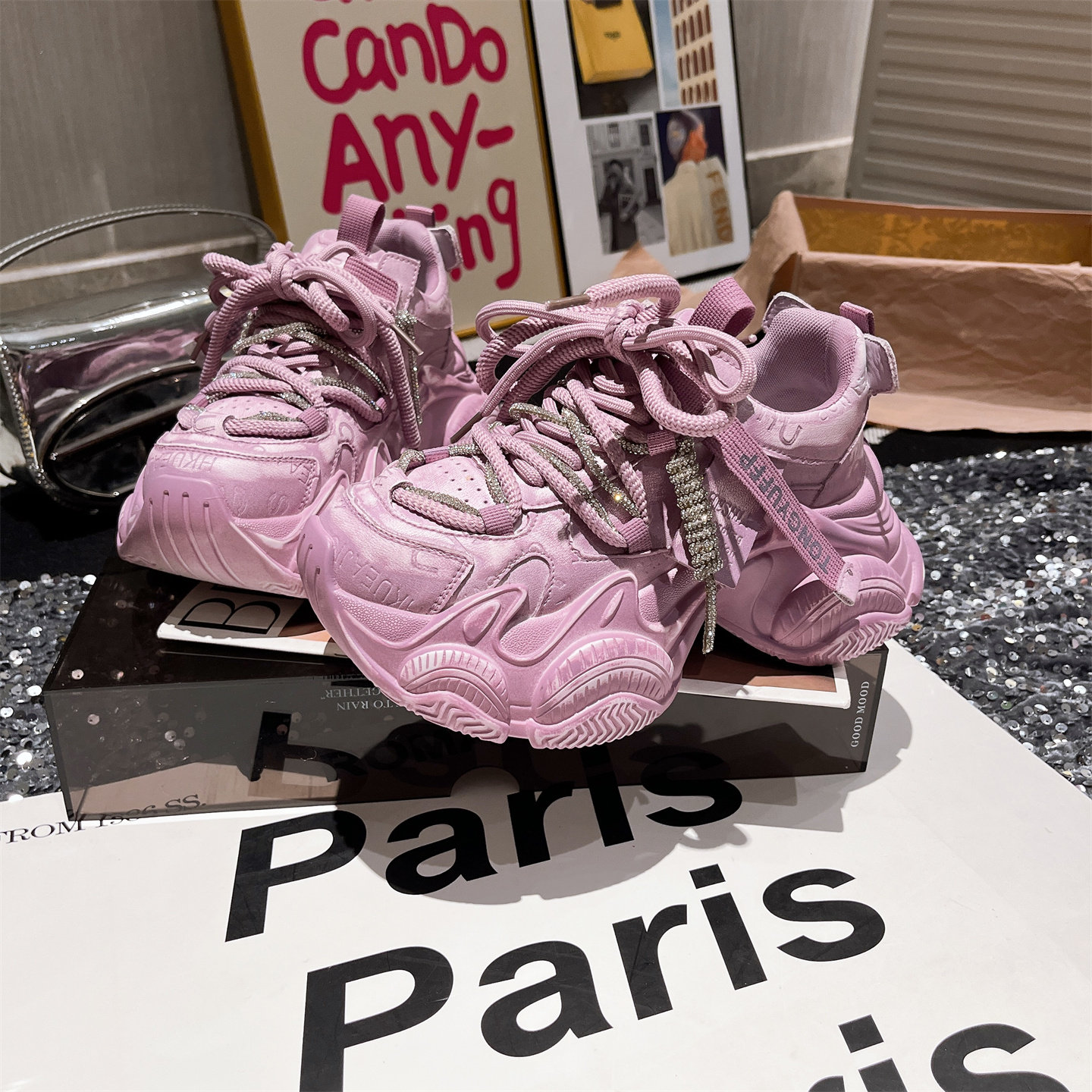 真皮版~欧货水钻绑带厚底松糕显瘦老爹鞋运动显脚小休闲紫色女鞋