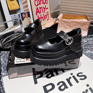 真皮版~一字玛丽珍厚底松糕超高跟小皮鞋小个子乐福鞋单鞋7cm女鞋