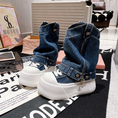 牛仔布松糕马丁靴两穿小个子女鞋