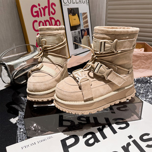 真皮羊毛版 欧洲站皮带扣机车雪地棉靴厚底松糕白色皮面短靴女鞋
