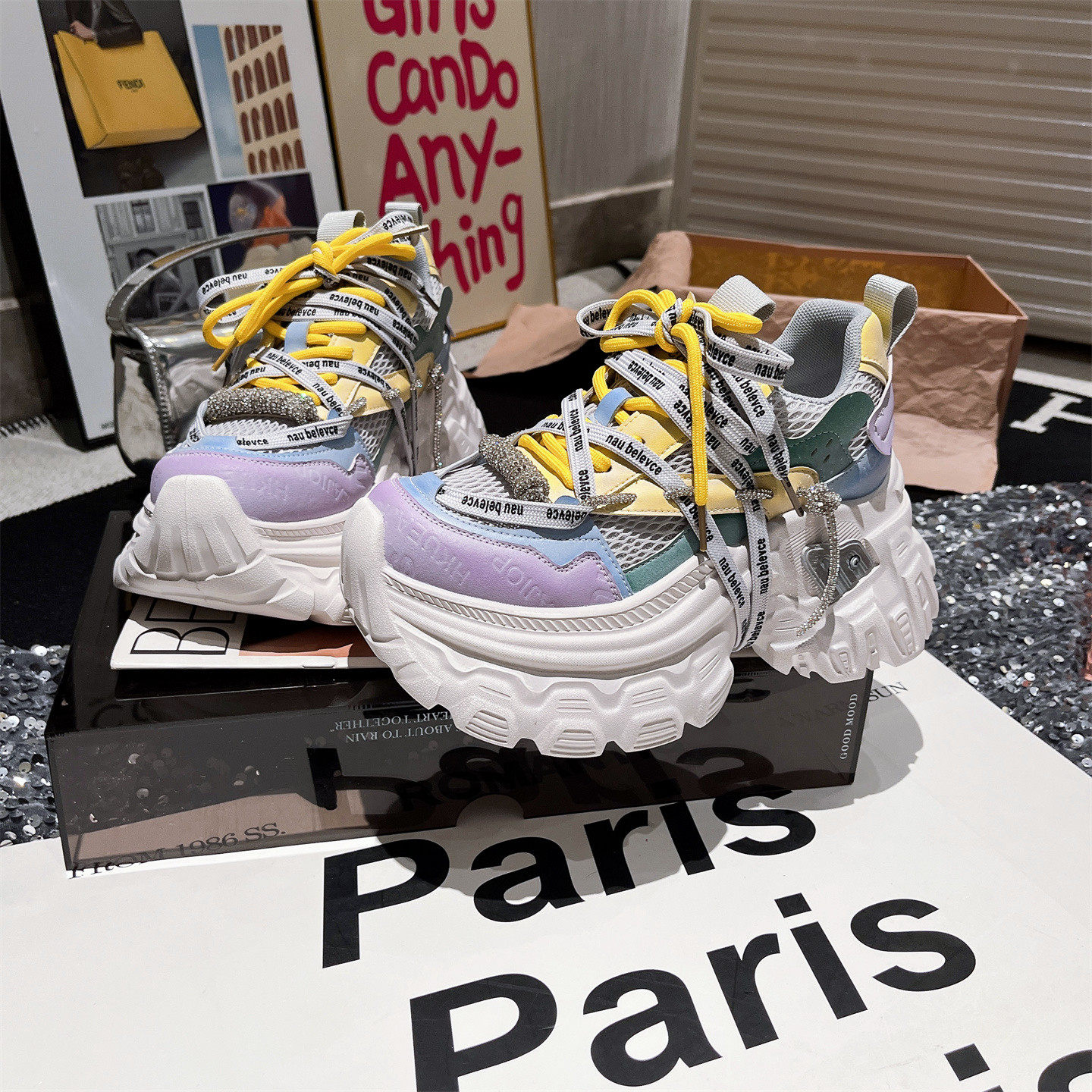 2026春季新款水钻绑带蜘蛛侠厚底松糕小个子老爹鞋运动鞋休闲鞋女