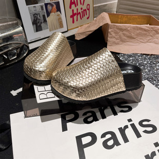 欧洲站编织大头复古包头女鞋托厚底松糕拖鞋金属色懒人一脚蹬女鞋