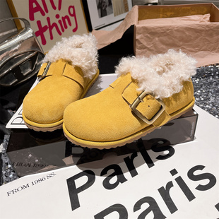 女鞋 平底勃肯鞋 欧货金属扣大头糖果色一脚蹬卷毛毛鞋 牛皮羊毛版