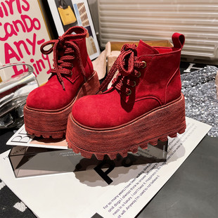 马丁靴2025年新款 翻毛皮真皮大头机车靴短靴大黄靴小个子8cm女鞋