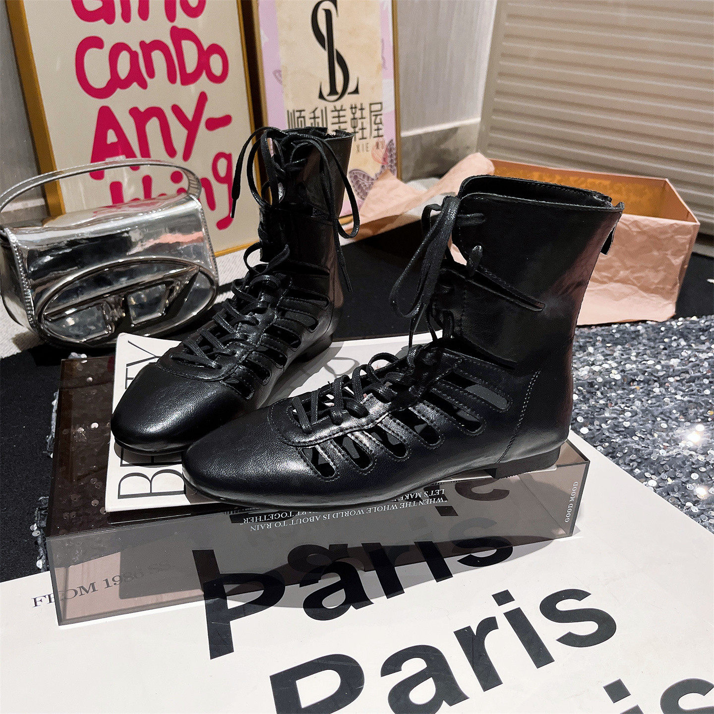 真皮版~欧美交叉绑带镂空短靴女鞋拳击靴高帮凉靴圆头百搭时装靴