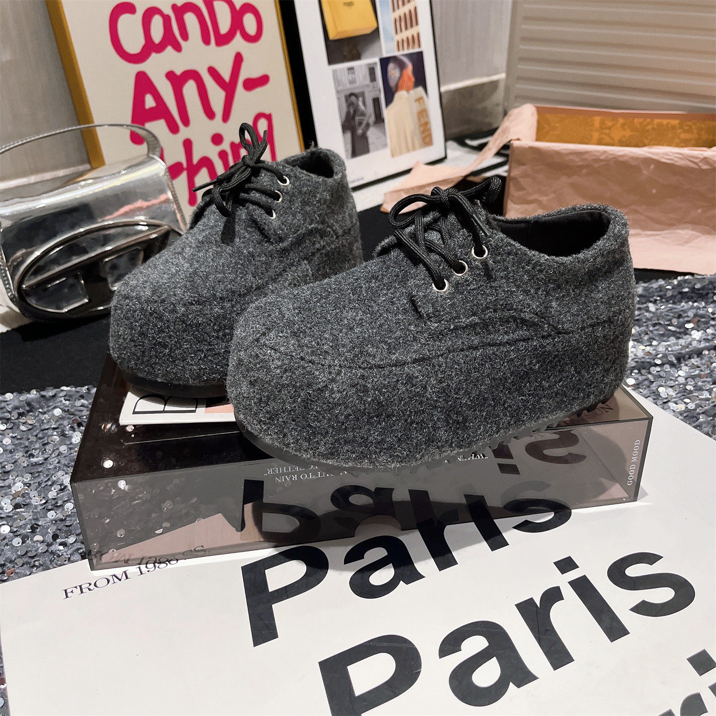 6cm~欧货新款毛呢毛毛鞋系带卡皮巴拉灰色小个子小白鞋勃肯鞋女鞋,女鞋,勃肯鞋/软木鞋,淘宝优惠券,粉丝福利购,淘宝优惠卷