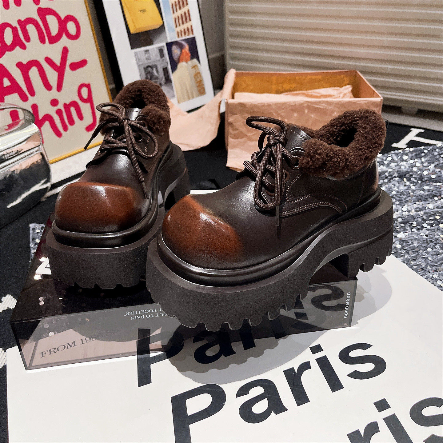 欧洲站真皮大头系带羊毛JK小皮鞋