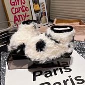 雪地棉靴短靴女鞋 欧货羊羔毛毛鞋 卷毛卡皮巴拉大头加绒拼色面包鞋