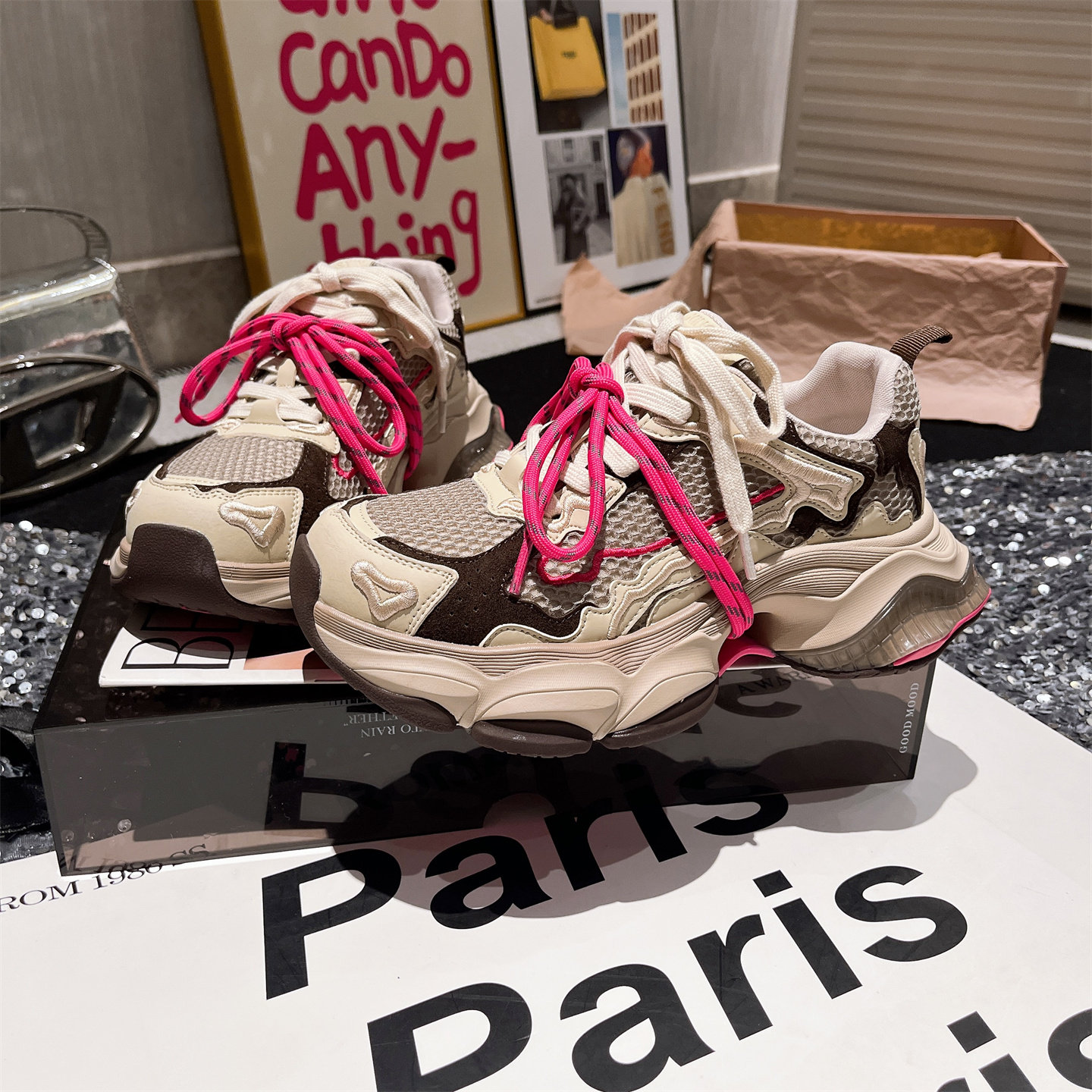 真皮版~小众设计感绑带老爹鞋厚底松糕粉色运动鞋帅气休闲5cm女鞋,女鞋,老爹鞋,淘宝优惠券,粉丝福利购,淘宝优惠卷