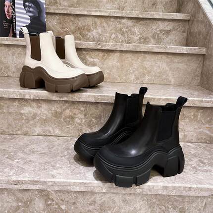 欧货牛皮真皮马丁靴女英伦风切尔西短靴小个子厚底松糕7cm机车靴