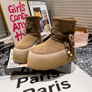 欧货真皮流苏穗穗厚底松糕小个子马丁靴增高8cm加绒雪地棉靴女鞋