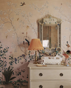 道麗莲香槟奶杏色法式中国风手绘天然丝绸纯手绘环保墙纸真丝壁画