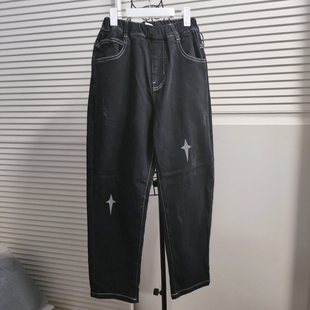 熊猫系青少年春秋牛仔长裤潮男式宽松星星印花松紧腰弹力直筒裤子