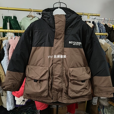 百仕b青少年冬季拼色连帽羽绒服男女童加厚羽绒冲锋衣外套保暖